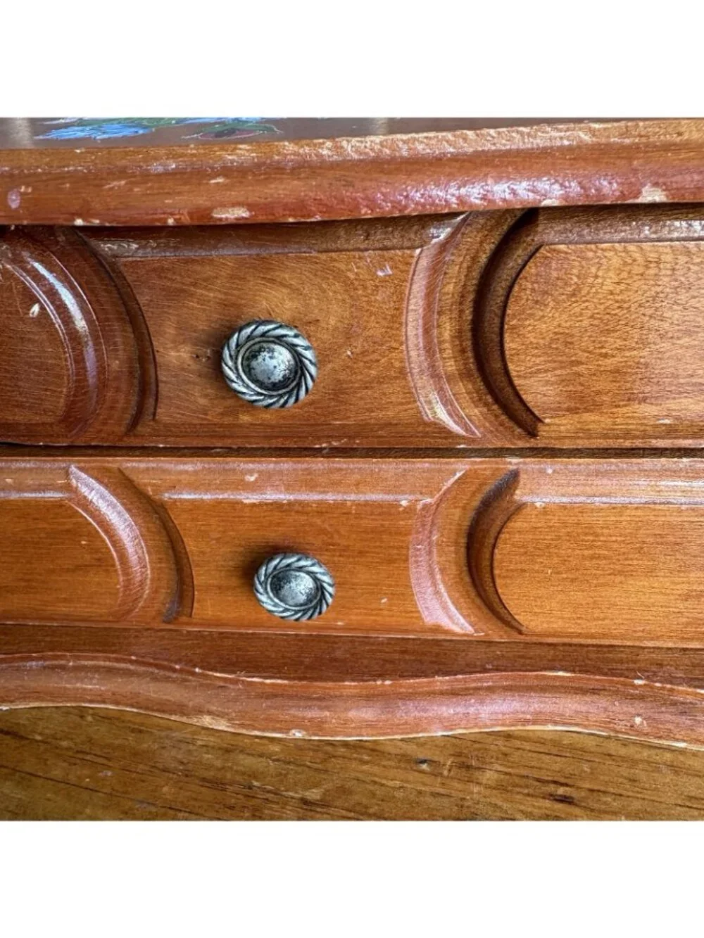 Vintage Small  Wooden Jewelry Box With Drawer Floral Decoupage Rub-on Transfer
